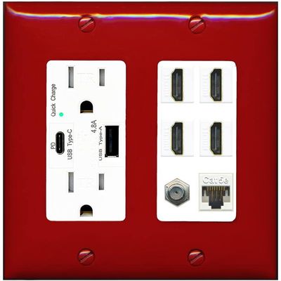 RiteAV 4 Port HDMI 1 Coax Cable TV- F-Type 1 Cat5E Ethernet Wall Plate - USB A+C Charger [Red/White]