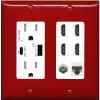 RiteAV 4 Port HDMI 1 Coax Cable TV- F-Type 1 Cat5E Ethernet Wall Plate - USB A+C Charger [Red/White] view 1