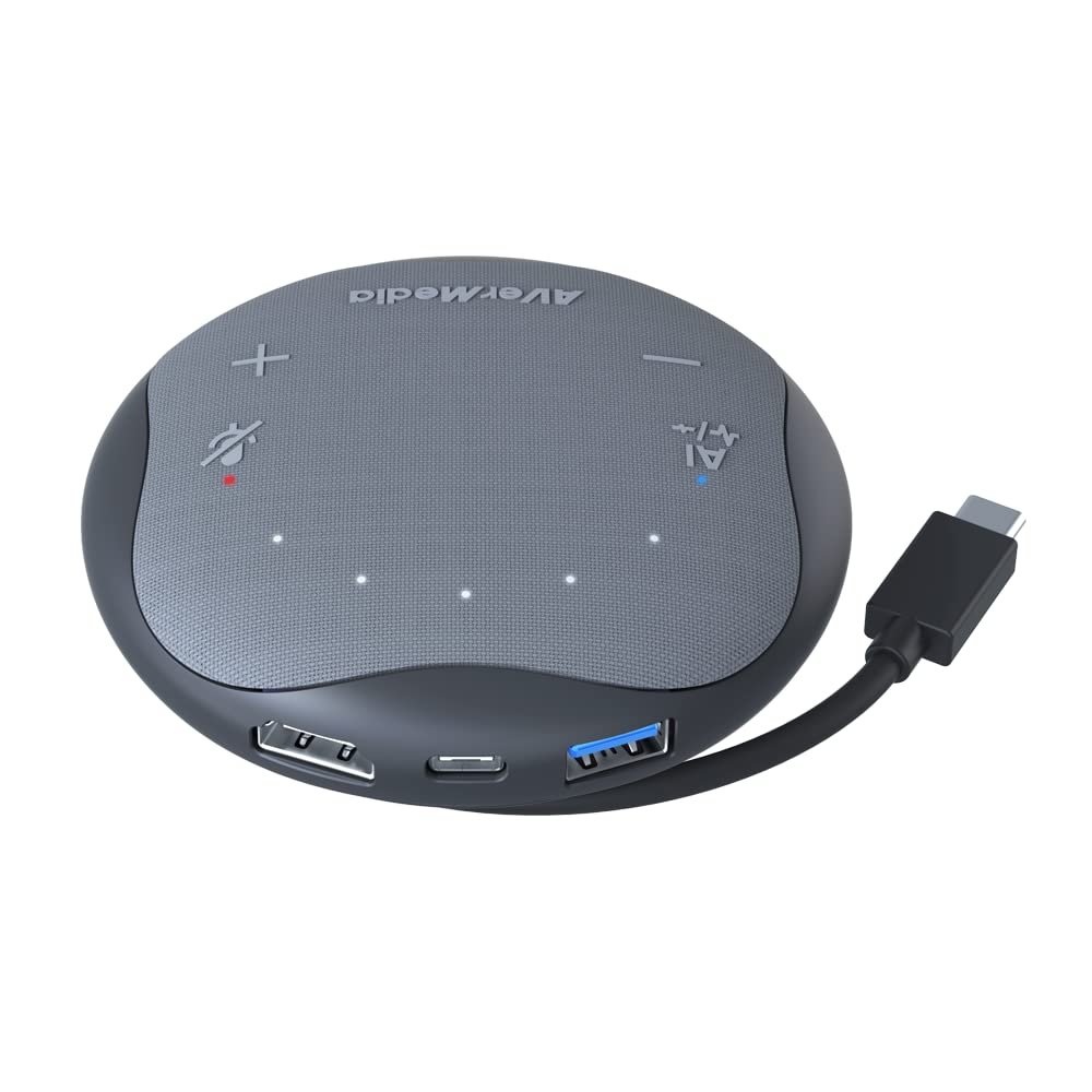 AVerMedia Pocket Speakerphone AS315 Works with Zoom and Teams, USB-C Docking Station, USB Hub, Portable Conference Speaker and Microphone, AI Noise Reduction