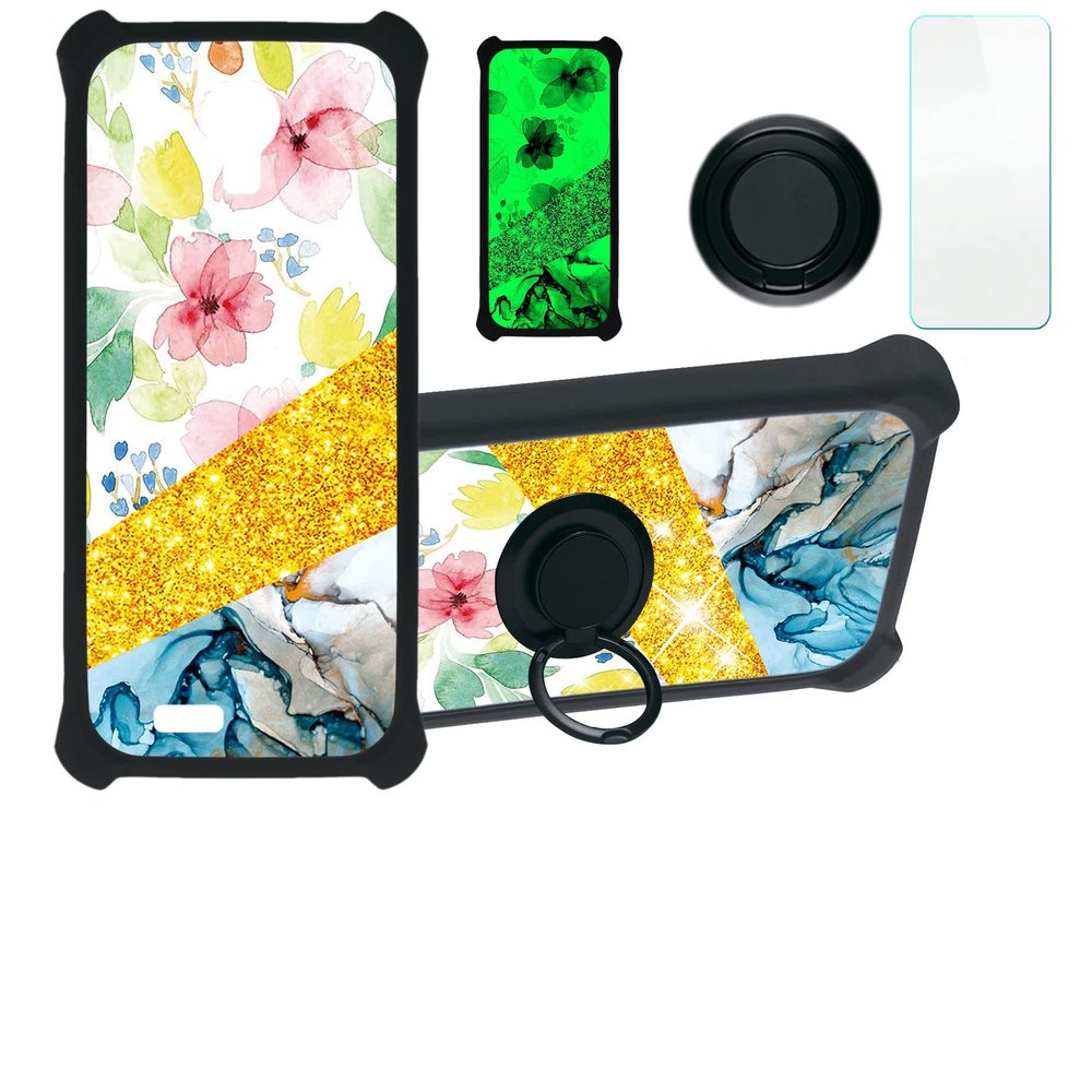 Lush Mint L1589k Case Compatible with Lush Mint L1589k Phone Case Cover [with Tempered Glass Screen Protector][Hard PC + Soft Silicone][Ring Support] [Gold Glitter+Luminous] JSH-SHS