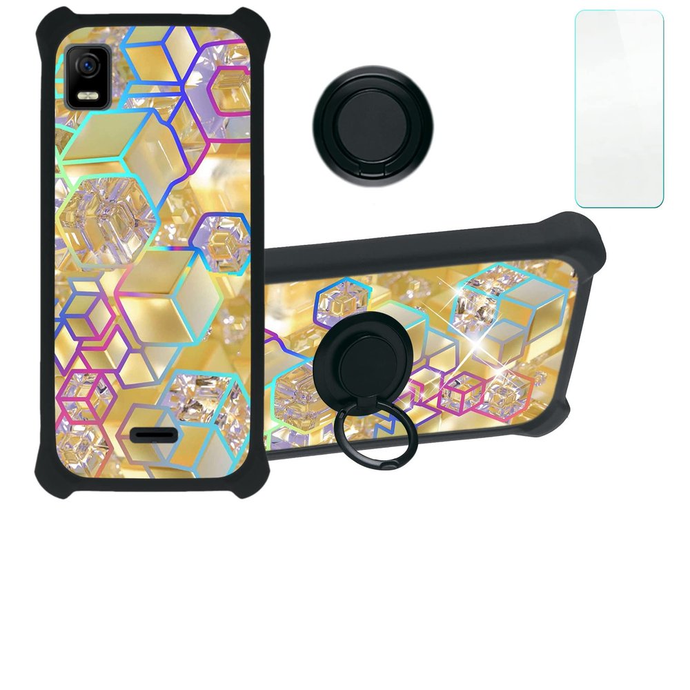 ATT Calypso 3 Case Compatible with ATT Calypso 3 U328aa Phone Case Cover [with Tempered Glass Screen Protector][Hard PC + Soft Silicone][Ring Support] [Colorful Reflect Light] IMDH-HSJ