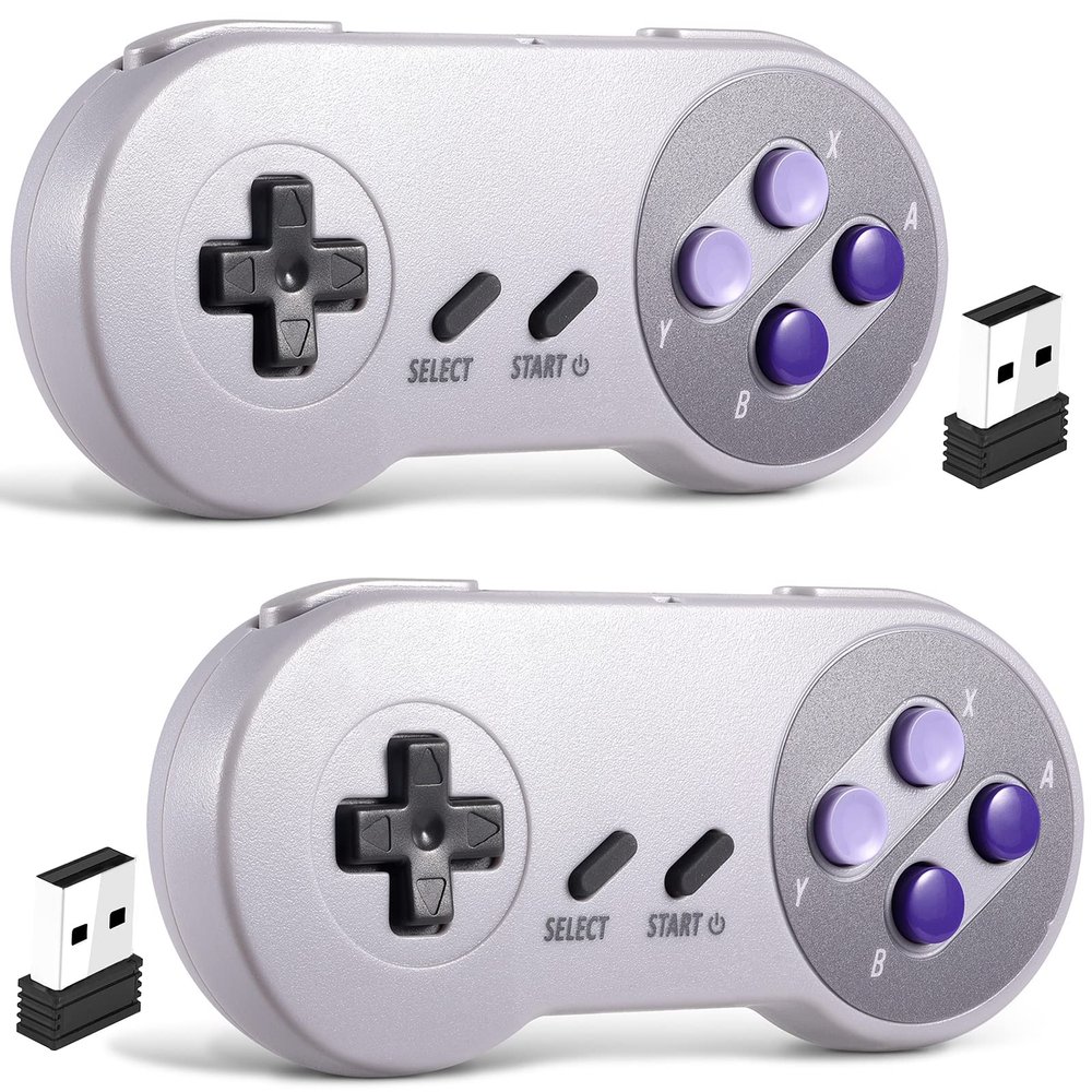 2 Pack Wireless USB SNES Controller for Windows PC, macOS (Purple/Gray)