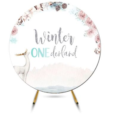 FiVan 7.5x7.5ft Baby Winter Birthday One Backdrop Onederland Deer Round Background Elastic Cotton Polyester No Crease Washable Thickened Fabric Party Photo Booth Props W-8214