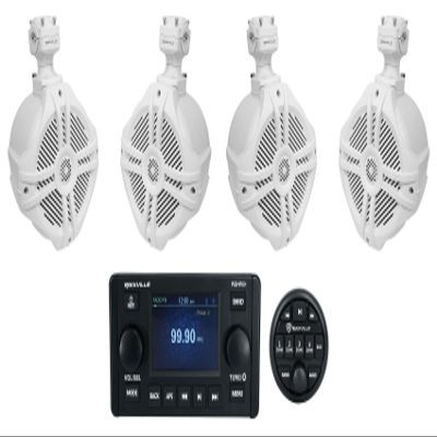 Rockville RGHR51 Bundle: 5-Zone Marine Bluetooth Receiver, (4) RWB70W 6.5" White 250W Peak / 150W RMS Marine Wakeboard Speakers with 360 Swivel, 5-Items