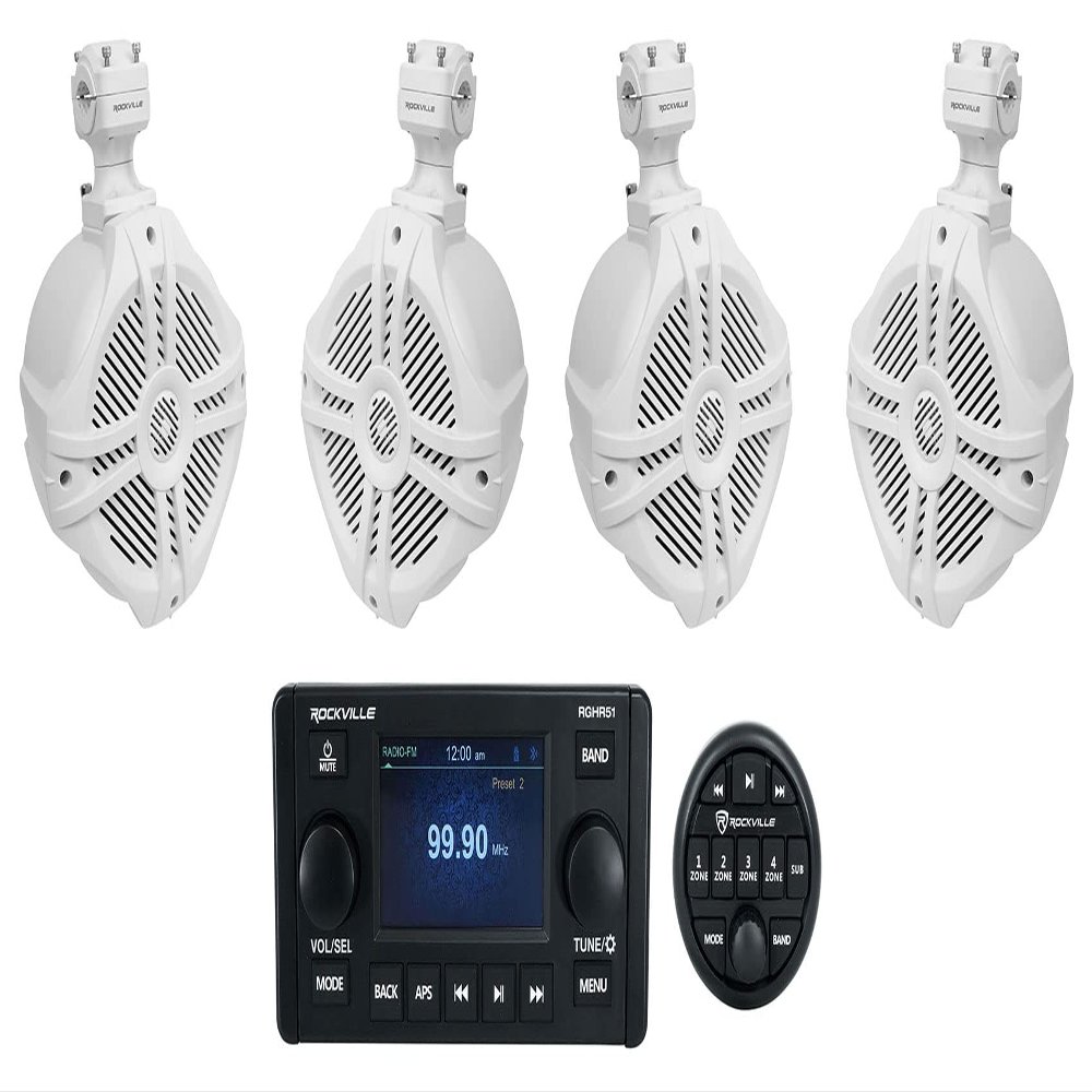 Rockville RGHR51 Bundle: 5-Zone Marine Bluetooth Receiver, (4) RWB70W 6.5" White 250W Peak / 150W RMS Marine Wakeboard Speakers with 360 Swivel, 5-Items