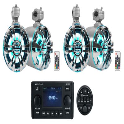 Rockville WB65KLED Bundle: (4) 6.5-in 300W Peak / 150W RMS Metal Marine Wakeboard LED Tower Speakers with LED Remote, RGHR51 5-Zone Single-Din Bluetooth Receiver with Wired Remote, 5-Items