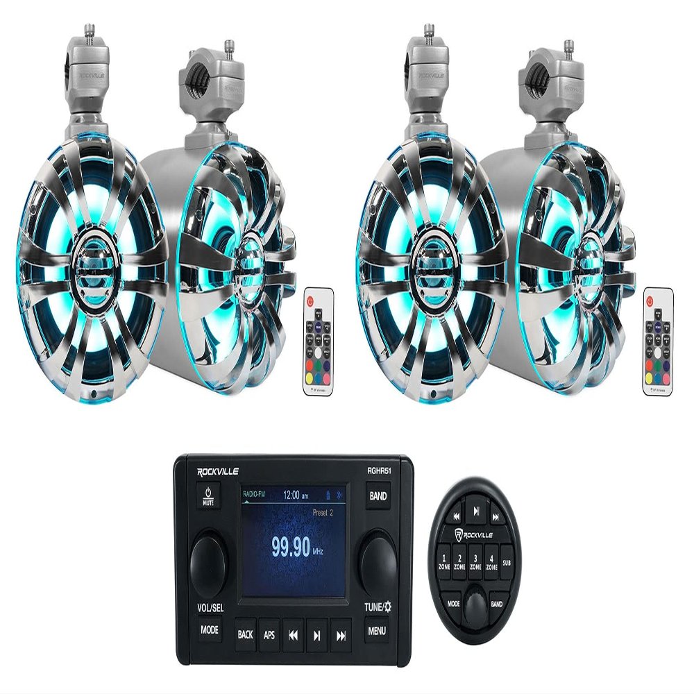 Rockville WB65KLED Bundle: (4) 6.5-in 300W Peak / 150W RMS Metal Marine Wakeboard LED Tower Speakers with LED Remote, RGHR51 5-Zone Single-Din Bluetooth Receiver with Wired Remote, 5-Items