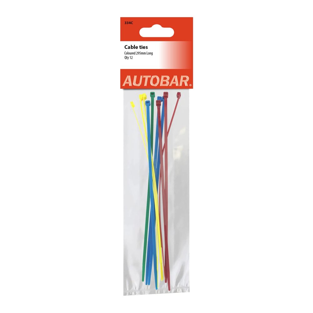 Autobar 334C Pack of 12 Multi-Purpose Cable Ties 295mm x 4.8mm - Perfect for Home, Garage, Office & Workshop - Multi-Coloured