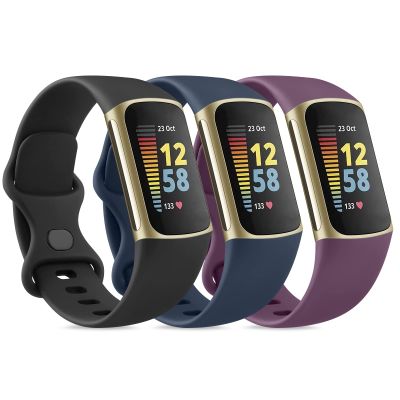 3 Pack Sport Bands Compatible with Fitbit Charge 5/6, Classic Soft Wristbands (Small, Black/Navy Blue/Purple)