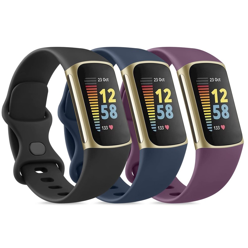3 Pack Sport Bands Compatible with Fitbit Charge 5/6, Classic Soft Wristbands (Small, Black/Navy Blue/Purple)
