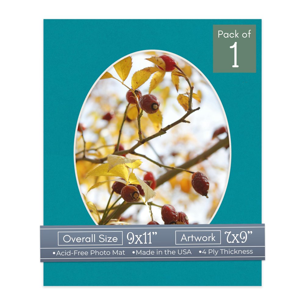 CountryArtHouse Teal Blue Acid Free 9x11 Oval Picture Frame Mat with White Core Bevel Cut for 7x9 Pictures - Fits 9x11 Frame - Pack of 1 Matboard