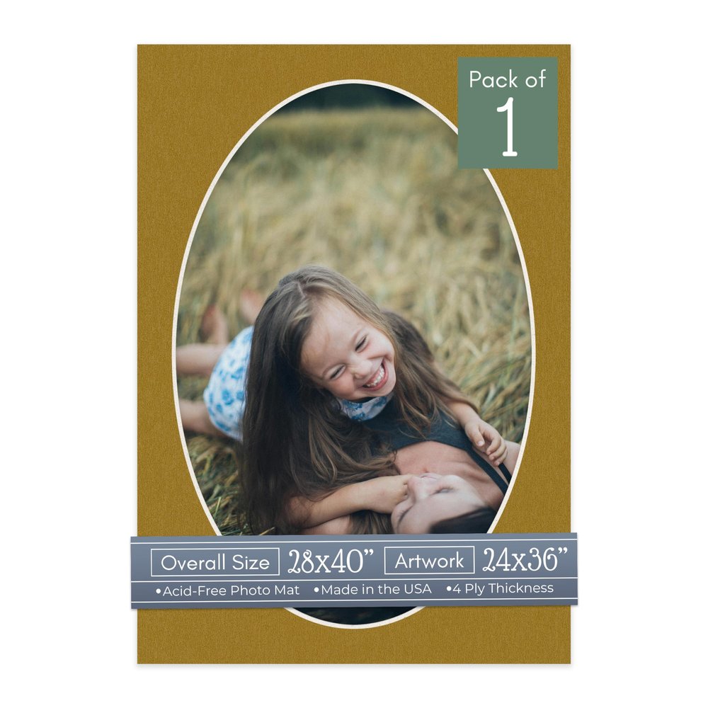 CountryArtHouse Metallic Gold Acid Free 28x40 Oval Picture Frame Mat with White Core Bevel Cut for 24x36 Pictures - Fits 28x40 Frame - Pack of 1 Matboard