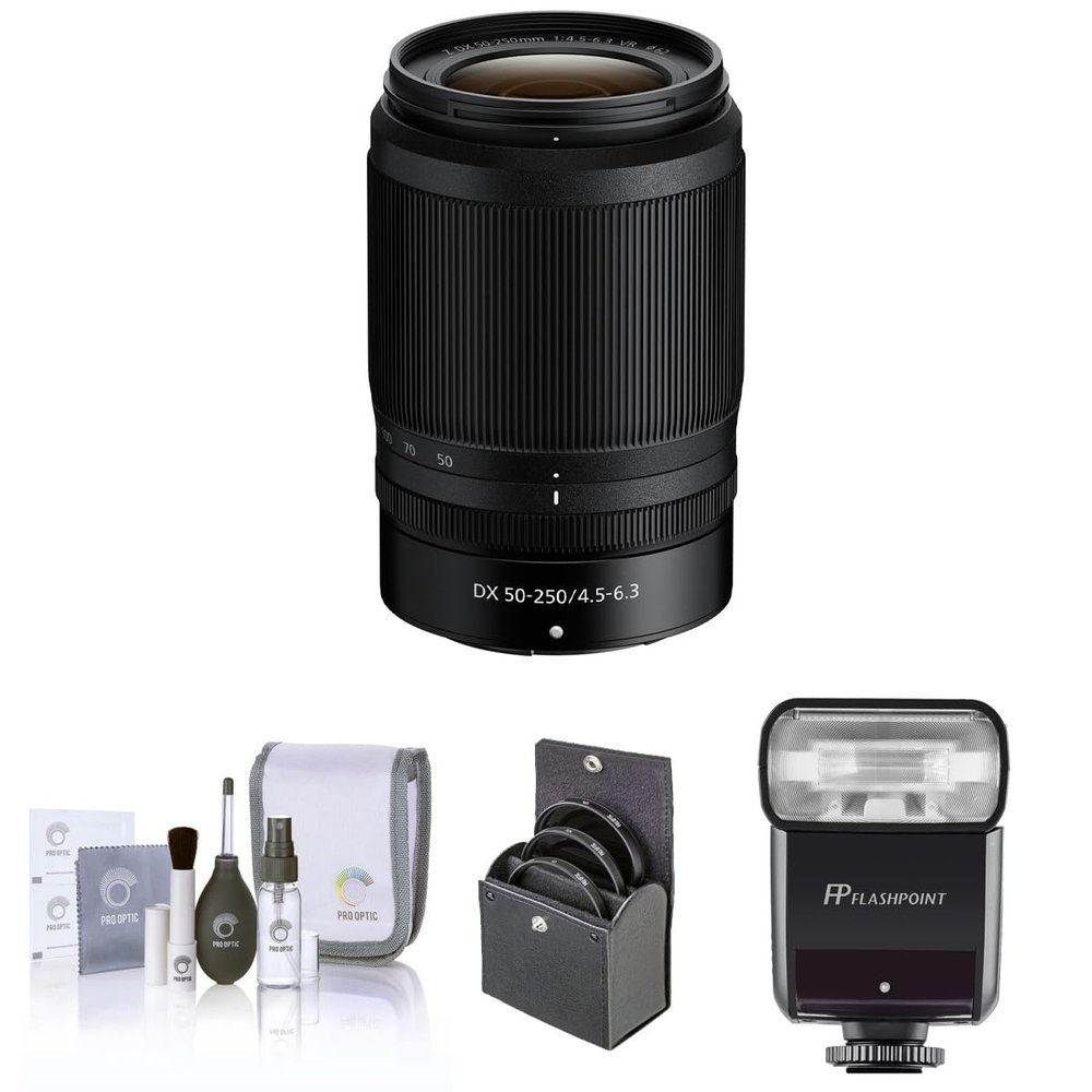 Nikon NIKKOR Z DX 50-250mm f/4.5-6.3 VR Lens, Bundle with Flashpoint Zoom-Mini TTL R2 Flash, ProOptic 62mm Filter Kit, Cleaning Kit