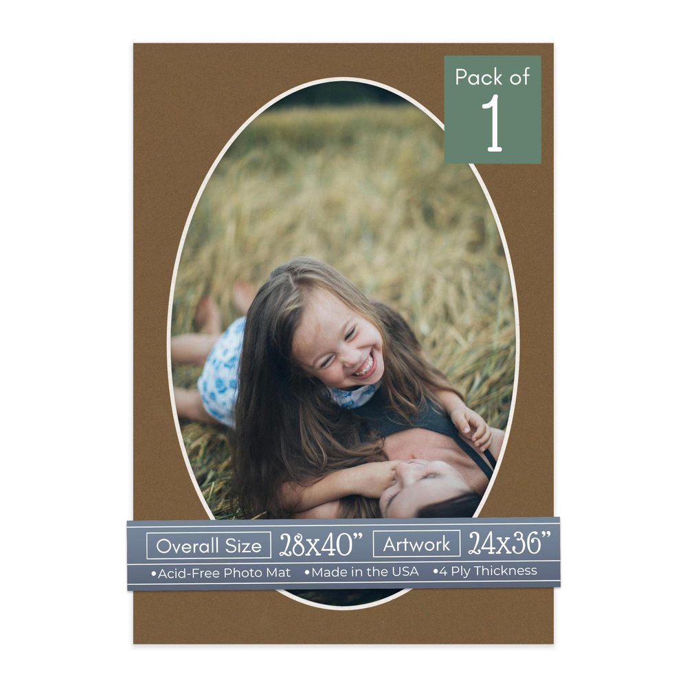 CountryArtHouse Aged Oak Brown Acid Free 28x40 Oval Picture Frame Mat with White Core Bevel Cut for 24x36 Pictures - Fits 28x40 Frame - Pack of 1 Matboard