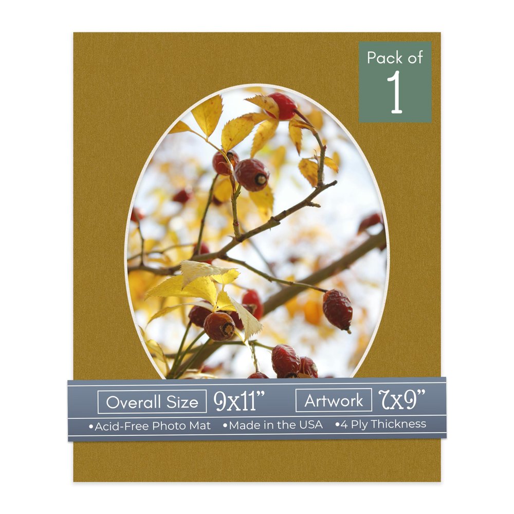 CountryArtHouse Metallic Gold Acid Free 9x11 Oval Picture Frame Mat with White Core Bevel Cut for 7x9 Pictures - Fits 9x11 Frame - Pack of 1 Matboard