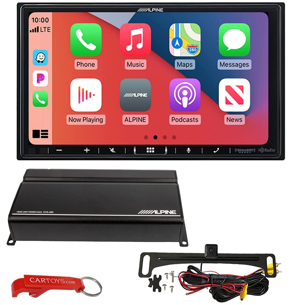 Alpine iLX-407 Car Stereo PowerStack Bundle w/KTA-450 Amplifier & Backup Camera. Apple CarPlay and Android Auto 2-DIN Shallow Mount Head Unit w/ 7 Inch Capacitive Touchscreen, SiriusXM Ready, No CD