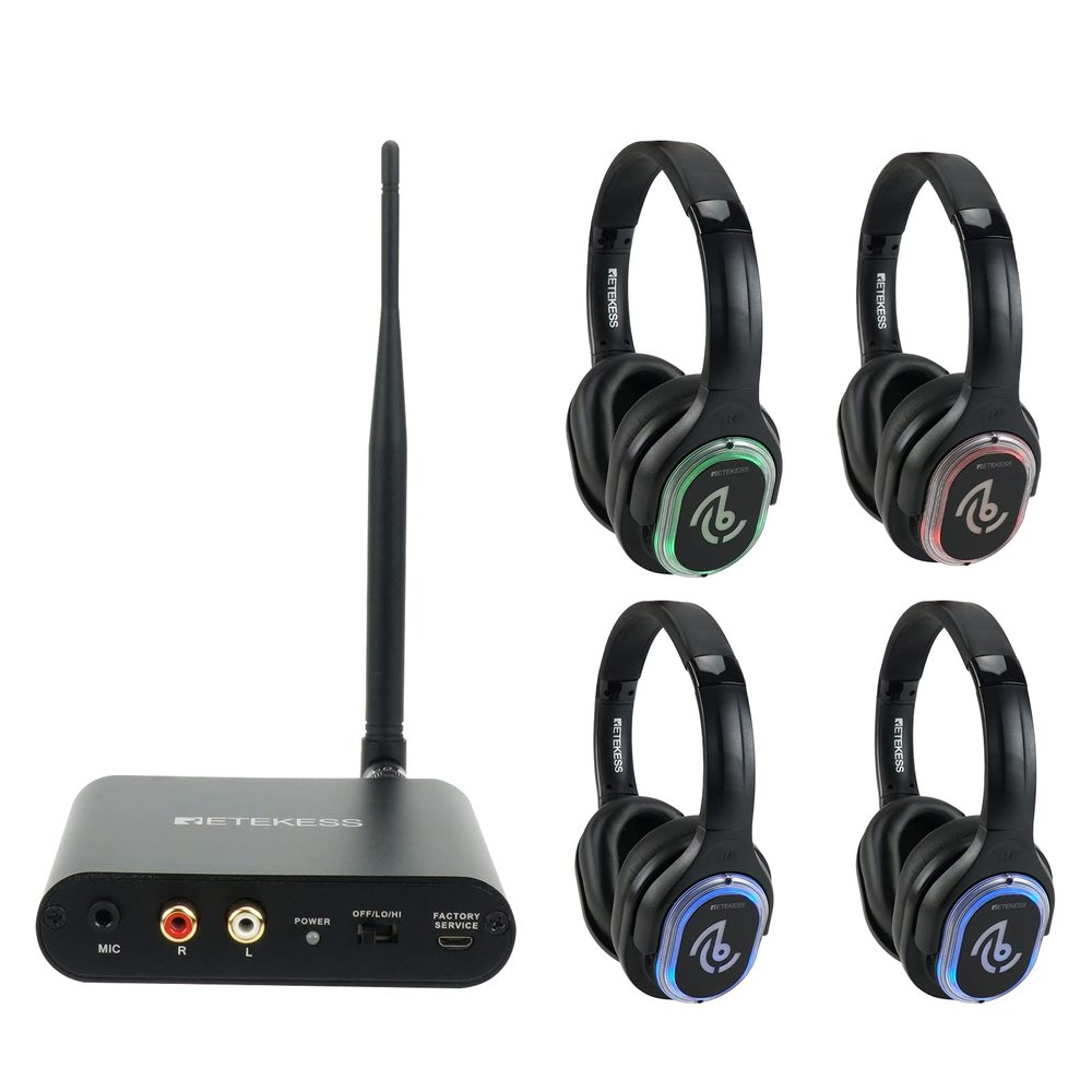 Retekess TA003 Silent Disco Headphone System,Silent Disco Headsets with 3 Channel,LED Lights,Hi-Fi Sound Quality,Silent Disco Headphones Wireless for Dance Party,Festivals, School (Pack of 4)