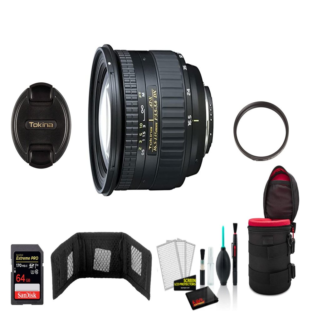 Tokina 16.5-135mm f/3.5-5.6 AF DX II Telephoto Zoom Lens for Nikon Digital SLR Cameras - ATXAF635DXN - Bundle with 64GB Memory Card