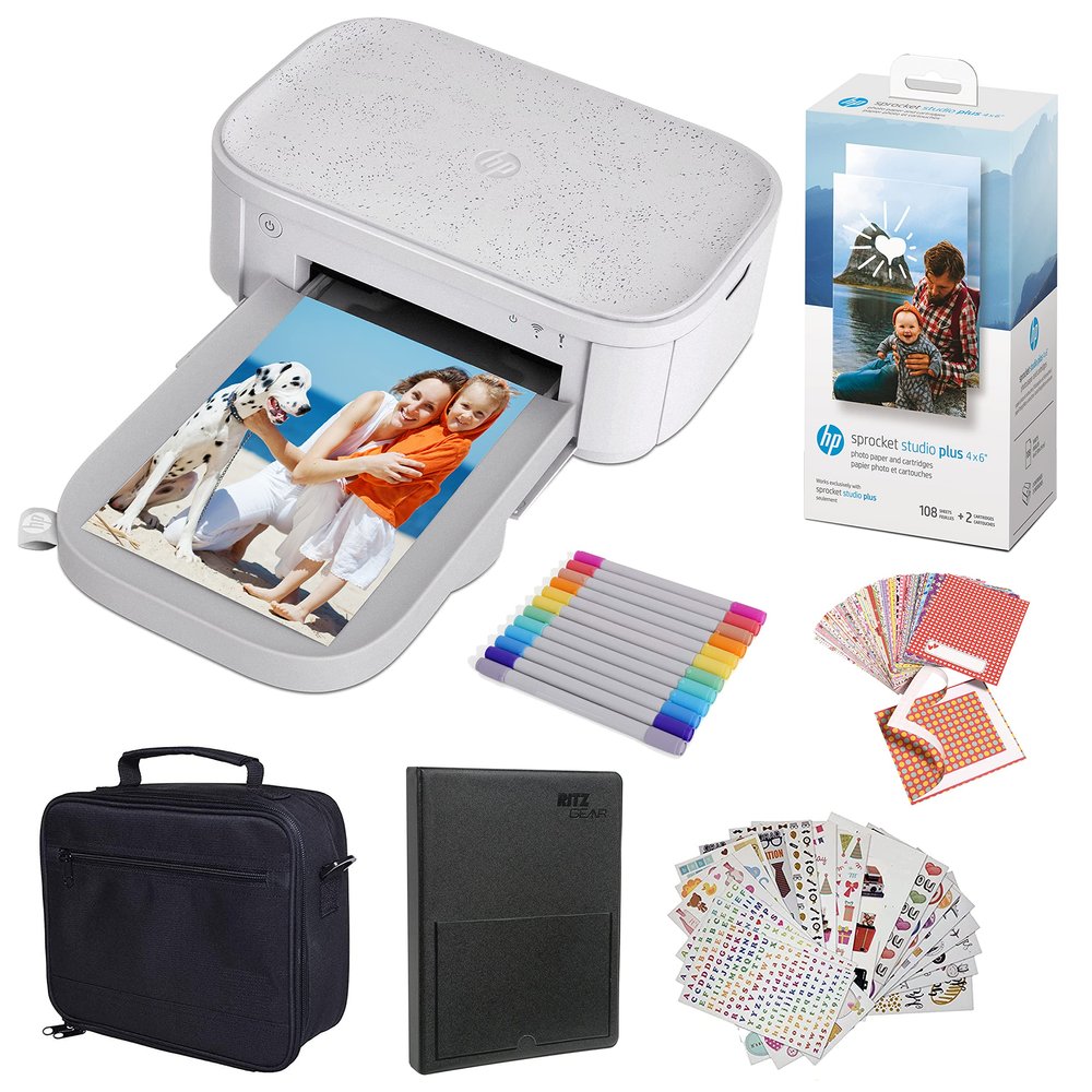HP Sprocket Studio Plus 4x6 Wireless Instant Photo Printer, Wi-Fi, Premium Dye Sublimation, Prints Vibrant Color Pictures Bundle: Photo Album, Markers, Photo Paper, and Stickers.