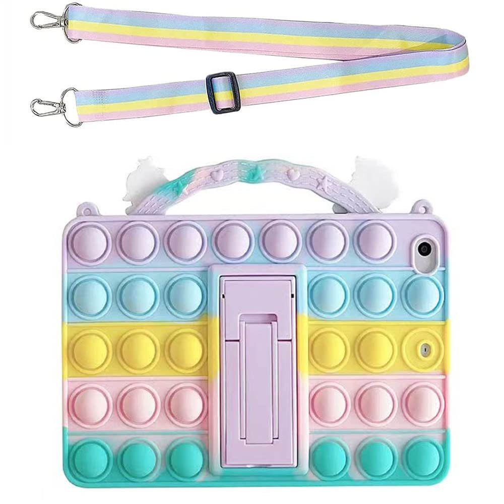 Soft Silicone Rainbow Unicorn Pattern Tablet Case with Handle with Lanyard with Fold Stand Shockproof Cover Case for iPad Air 5 2022 10.9"