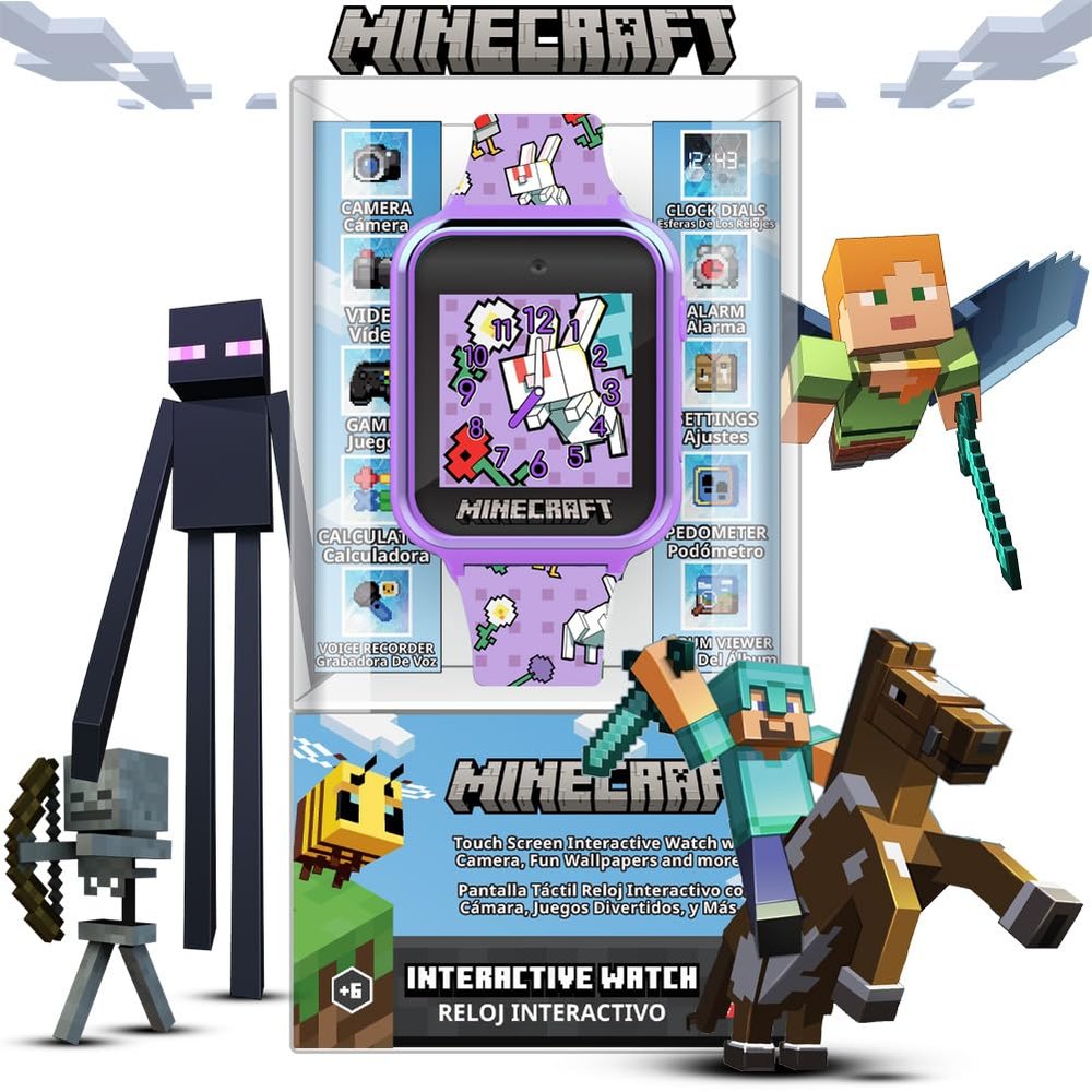 Minecraft Kids Smartwatch with 10 Watch Faces, Selfie and Video Camera, Step Counter, Voice Recorder, Fun Games, Timer, Stopwatch, Alarm, Calculator, and Wallpapers  Fits Wrists 5.5"-8.0"