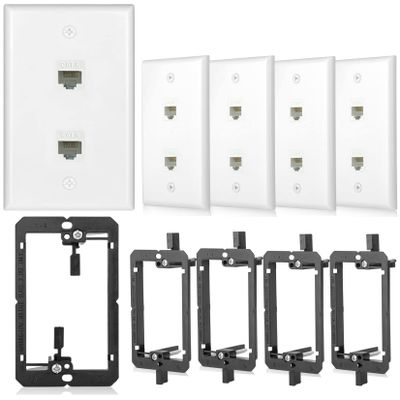 5 Pack Ethernet Wall Outlet 2 Port Cat6 Wall Plate RJ45 Coupler Keystone Jack with Low Voltage Mounting Bracket Network Cables Inline Wires Connector Female to Female Double White 2Port