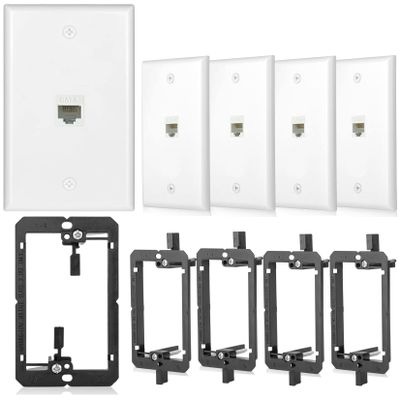 5 Pack Ethernet Wall Plate RJ45 Cat6 Keystone Jack Coupler Network Outlet Female to Female White 1 Port Inline Connector with Low Voltage Mounting Bracket Internet Interconnect Panels Cable