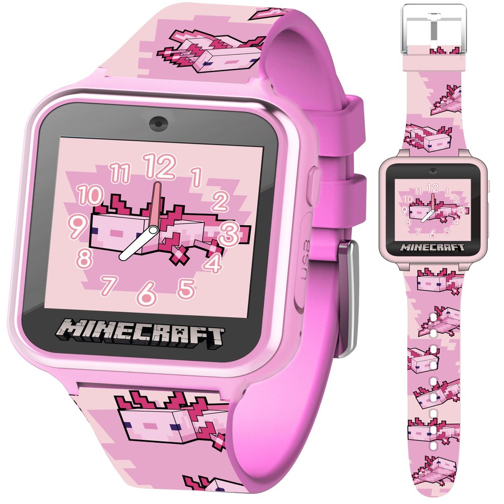 Minecraft Kids Smartwatch  Pink Axolotl Design, 10 Watch Faces, Step Counter, Selfie Camera, Calculator, Games, Voice Recorder, Alarm & Timer, Printed Silicone Straps  Fits Wrists 5.5"-8.0"