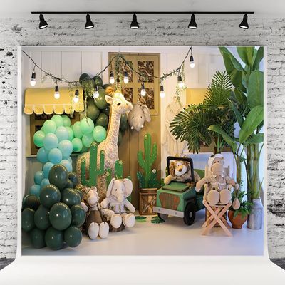 10x6.5ft Animal Backdrops Birthday Backdrops for Balloon Giraffe Monkey Lion Elephant Green Forest Background for Kids Newborn Portrait Photo Booth Props