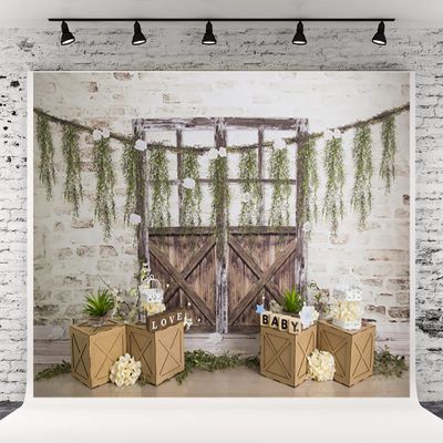 10x10ft Baby Show Backdrops for Photography White Retro Brick Wall Wooden Door Box Flower Background for Baby Shower Kids Birthday Party Decorations Portrait Banner Photo Booth Studio Props