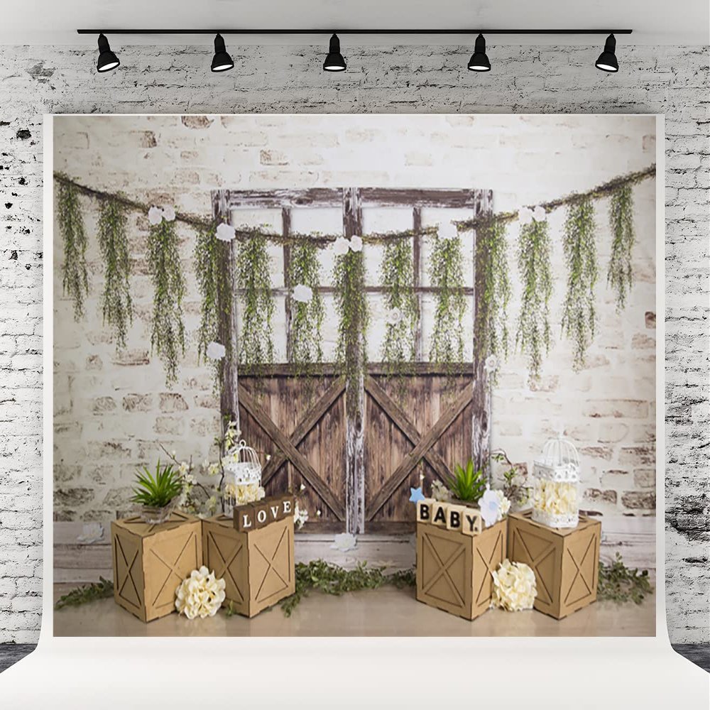 10x10ft Baby Show Backdrops for Photography White Retro Brick Wall Wooden Door Box Flower Background for Baby Shower Kids Birthday Party Decorations Portrait Banner Photo Booth Studio Props