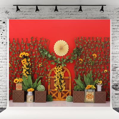 10x6.5ft Spring Photography Backdrops Red Wall Sunflower Green Plant Fence Wooden Grid Door Background for Kids Adult Portraits Photo Backdrop