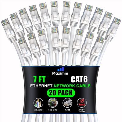 Maximm Cat 6 Ethernet Cable 7 ft (20-Pack) - High-Speed LAN Cable, Internet Cable, Patch Cable, and Network Cable - UTP, 10Gbps, 550MHz Ethernet Cord - White