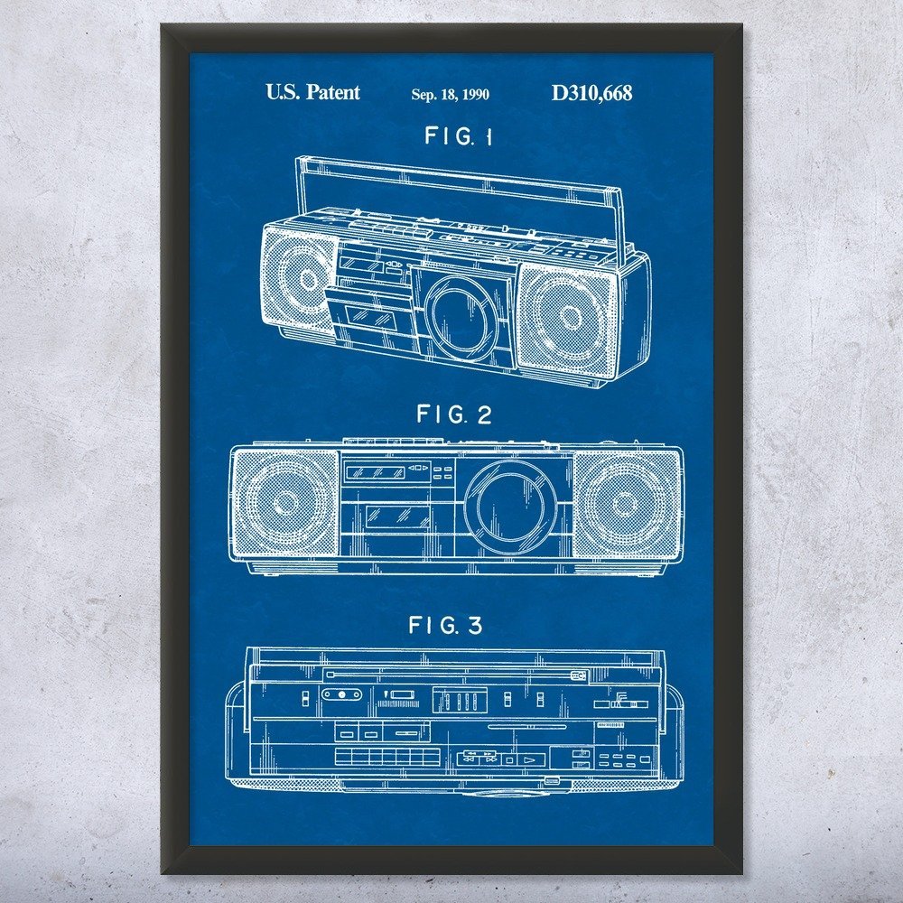 Framed Boombox Tape Player Print, Boombox Art, Radio Dj Gift, Music Art, Hip Hop Gift, Stereo Wall Art, Music Studio Art Blueprint (18x24)