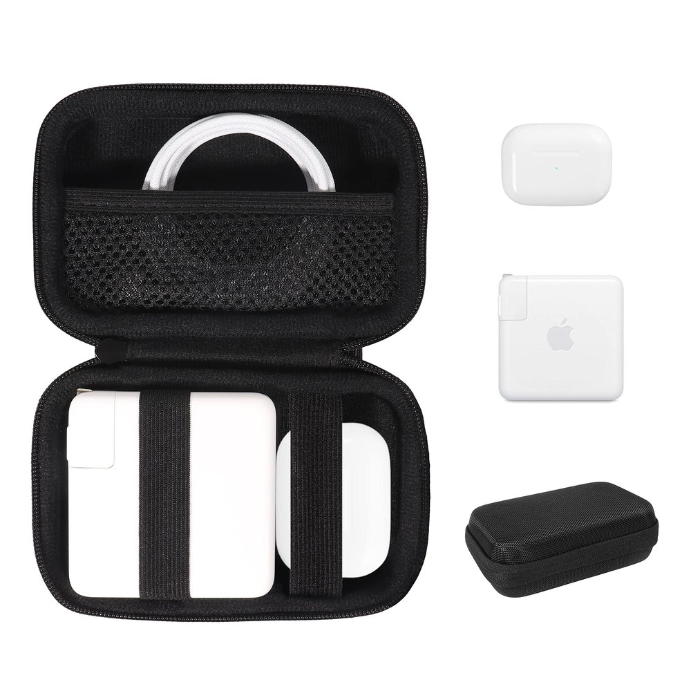CaseSack Case for MacBook Air/Pro Charger, MagSafe 1/2 Power Adapter, All iPhone 117/16/ 15 MagSafe Charger, USB C Hub, Type C Hub, USB Multiport Adapter-Black(Larger Version)