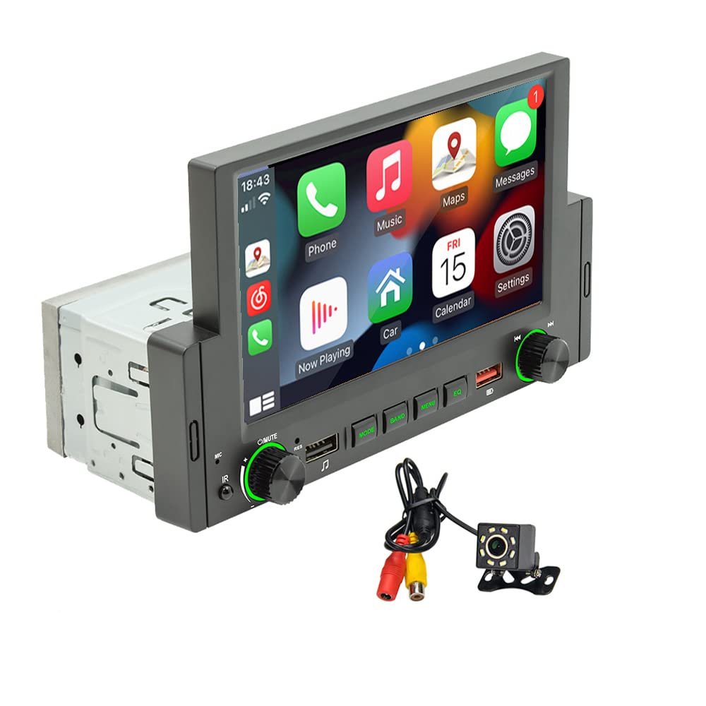 1Din Car Radio Android Auto/CarPlay Mirror Link 6.2 inch Touch Screen Reverse Image Bluetooth FM USB Colourful Light+8LED Camera
