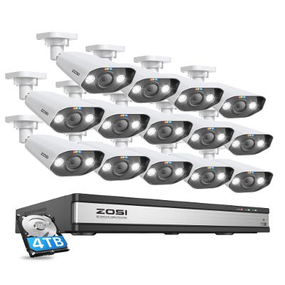 ZOSI 16CH 4K Spotlight PoE Home Security Camera System,14pcs 4K Spotlight PoE IP Cameras,16CH 8MP NVR with 4TB HDD,Night Vision,2-Way Audio,Motion Detection,Sound&Light Alerts,for 24/7 Recording