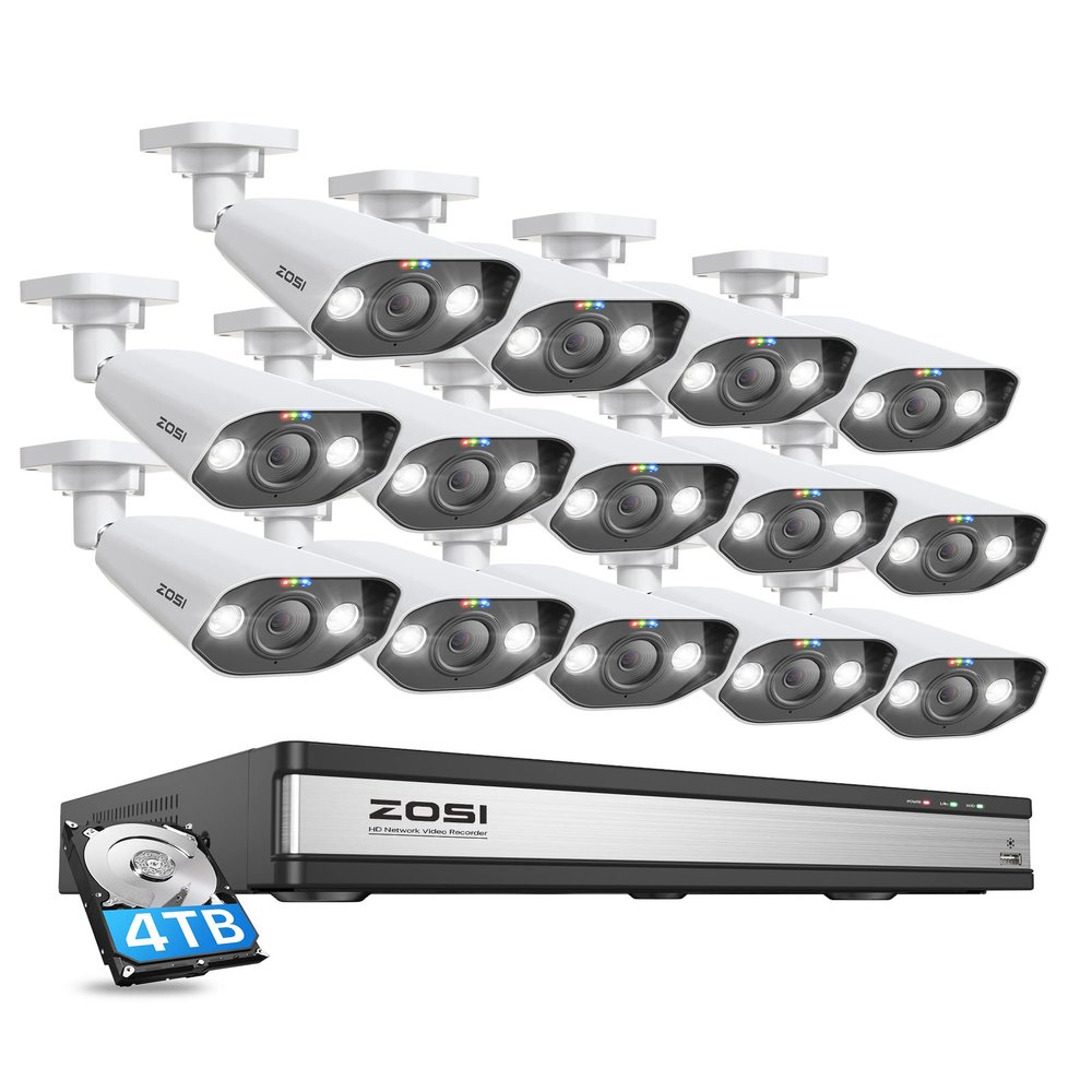 ZOSI 16CH 4K Spotlight PoE Home Security Camera System,14pcs 4K Spotlight PoE IP Cameras,16CH 8MP NVR with 4TB HDD,Night Vision,2-Way Audio,Motion Detection,Sound&Light Alerts,for 24/7 Recording