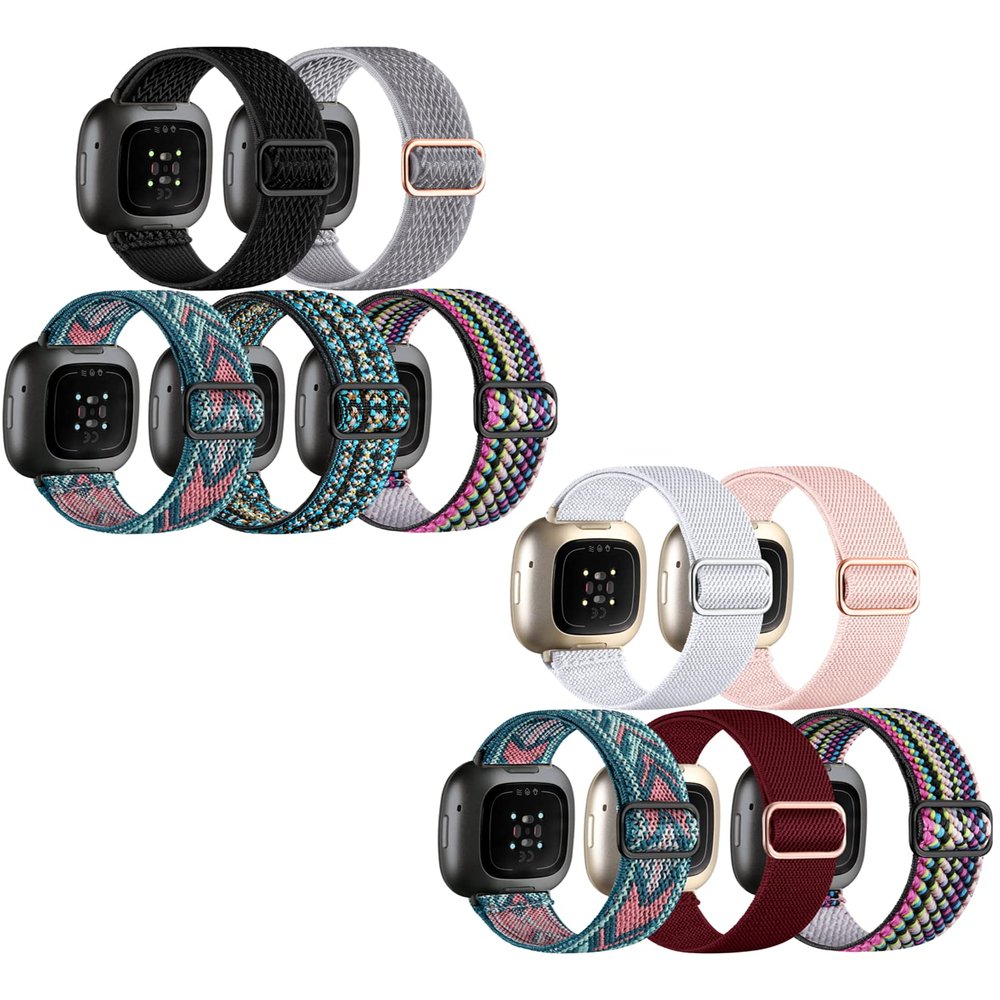 10 Pack for Fitbit Versa 3 Bands/Fitbit Versa 4 Band/Fitbit Sense Bands for Men Women, Adjustable Stretchy Solo Loop Elastic Nylon Sport Strap for SmartWatch Replacement