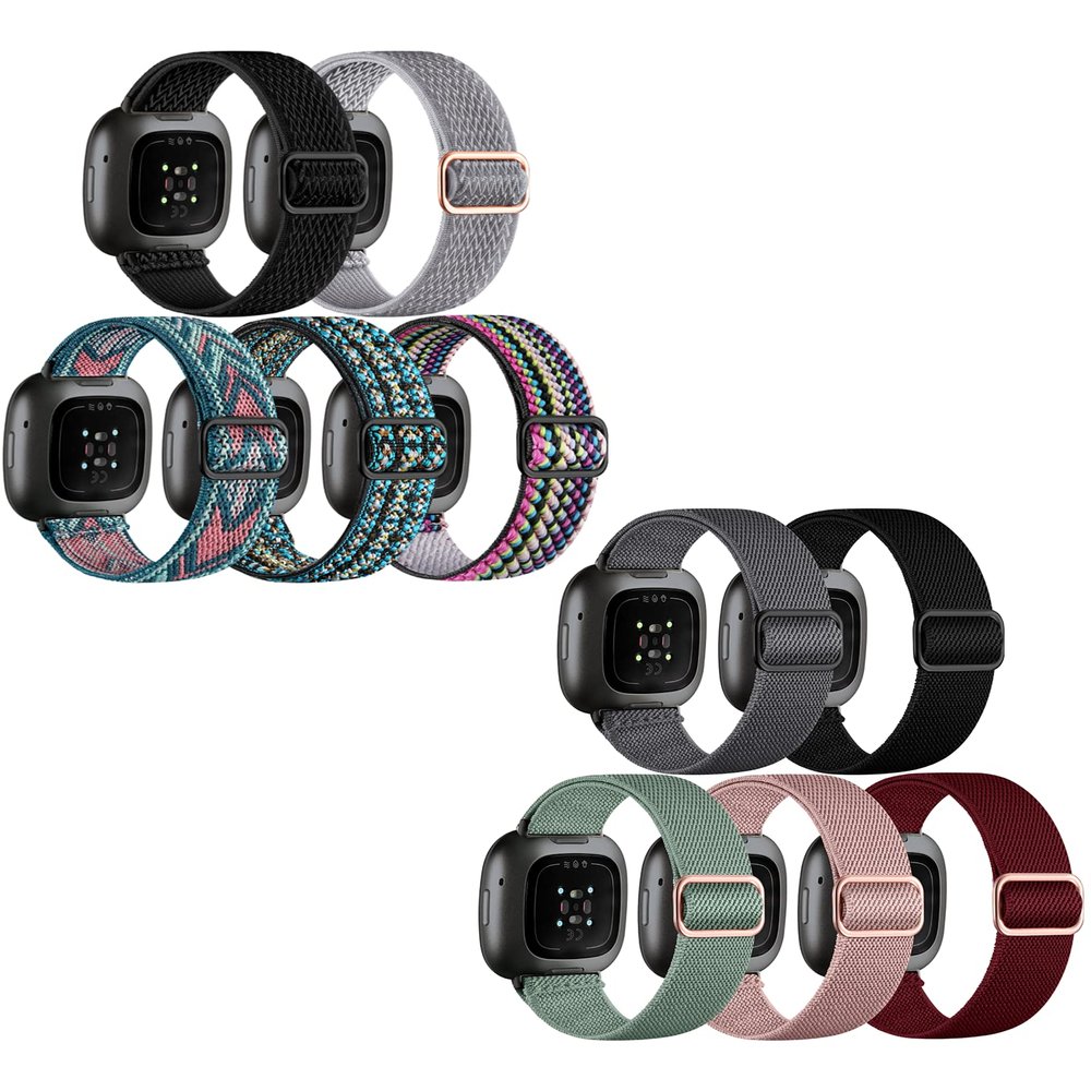 10 Pack for Fitbit Versa 3 Bands/Fitbit Versa 4 Band/Fitbit Sense Bands for Men Women, Adjustable Stretchy Solo Loop Elastic Nylon Sport Strap for SmartWatch Replacement