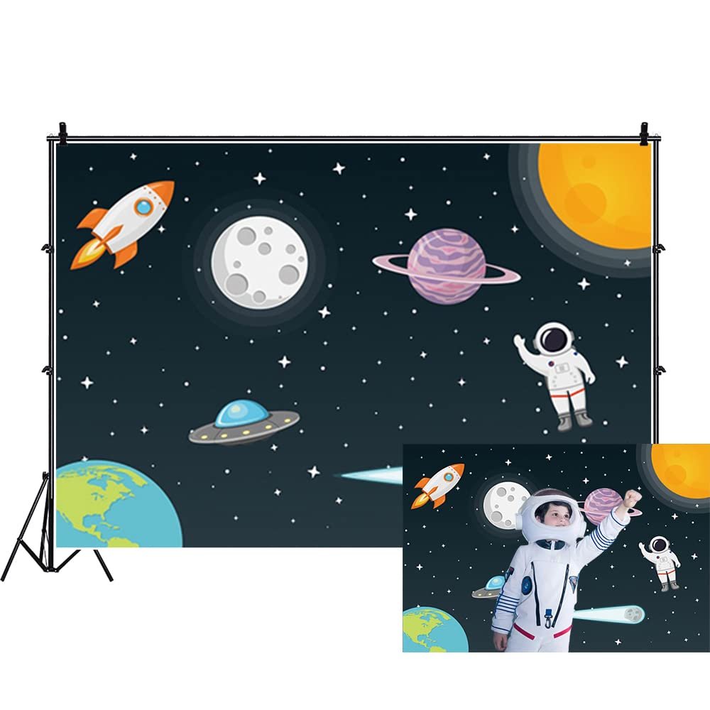 Renaiss 8x6ft Outer Space Backdrop Galaxy Astronaut Rocket Universe Planet Starry Sky Birthday Party Photo Photography Background for Kids Boy Baby Baby Birthday Party Decor Photo Studio Props