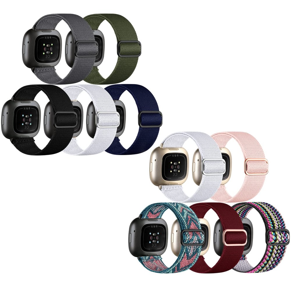 10 Pack for Fitbit Versa 3 Bands/Fitbit Versa 4 Band/Fitbit Sense Bands for Men Women, Adjustable Stretchy Solo Loop Elastic Nylon Sport Strap for SmartWatch Replacement