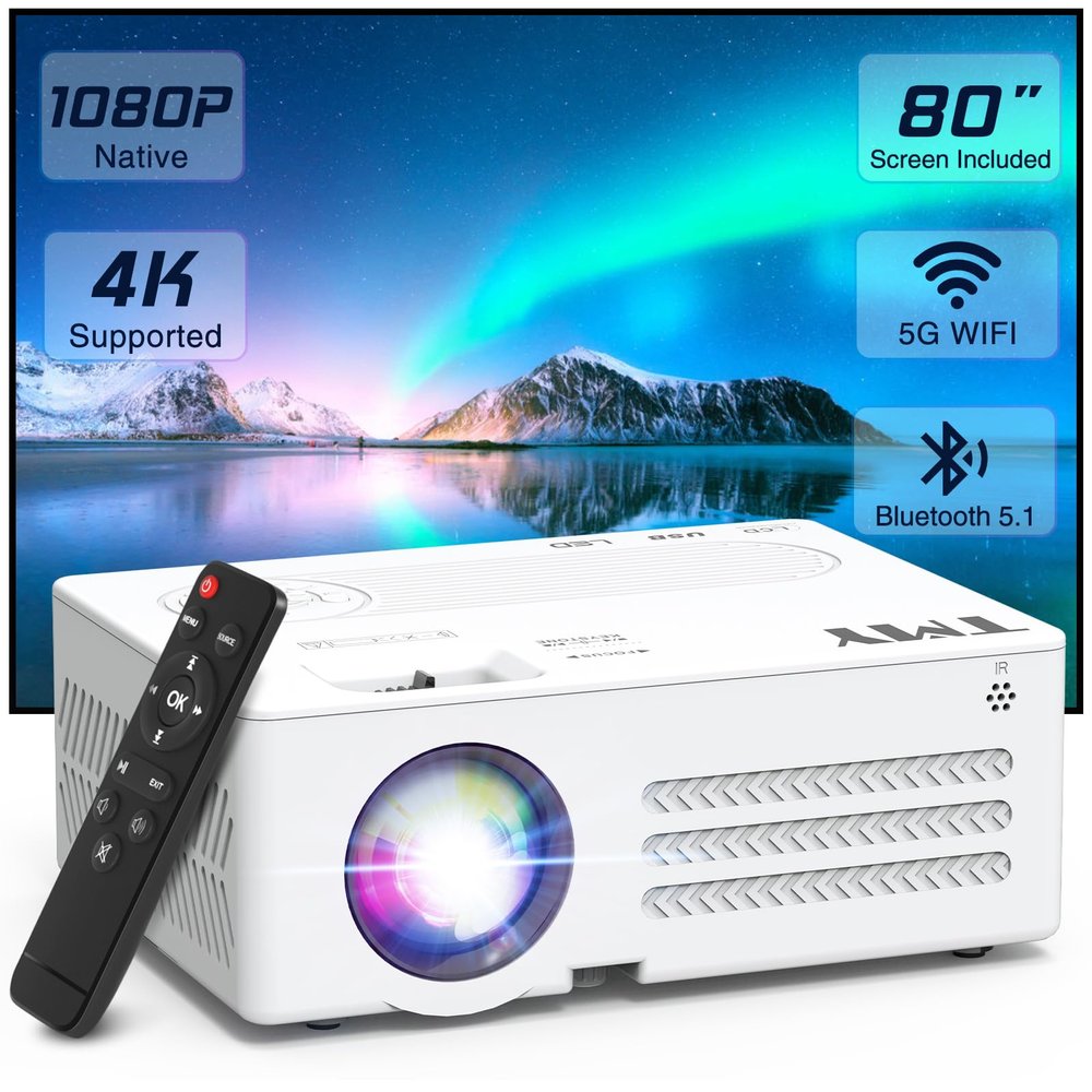 TMY Projector with WiFi and Bluetooth80" screen includedNative 1080P Outdoor Projector, 4K Supported Portable Projector, Compatible with iOS/Android/PC/TV Stick/HDMI/USB, Indoor Outdoor Use