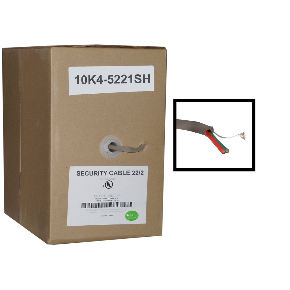 Cable Central LLC Shielded Security/Alarm Wire, Gray, 22/2 (22AWG 2 Conductor), Stranded, CMR/Inwall Rated, Pullbox, 1000 Feet
