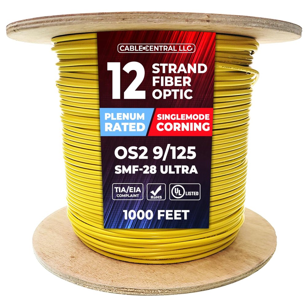 Cable Central LLC Plenum 12 Strand Indoor Distribution Fiber Optic Cable, OS2 9/125 Singlemode, Corning SMF-28 Ultra, Yellow, Spool, 1000 Feet
