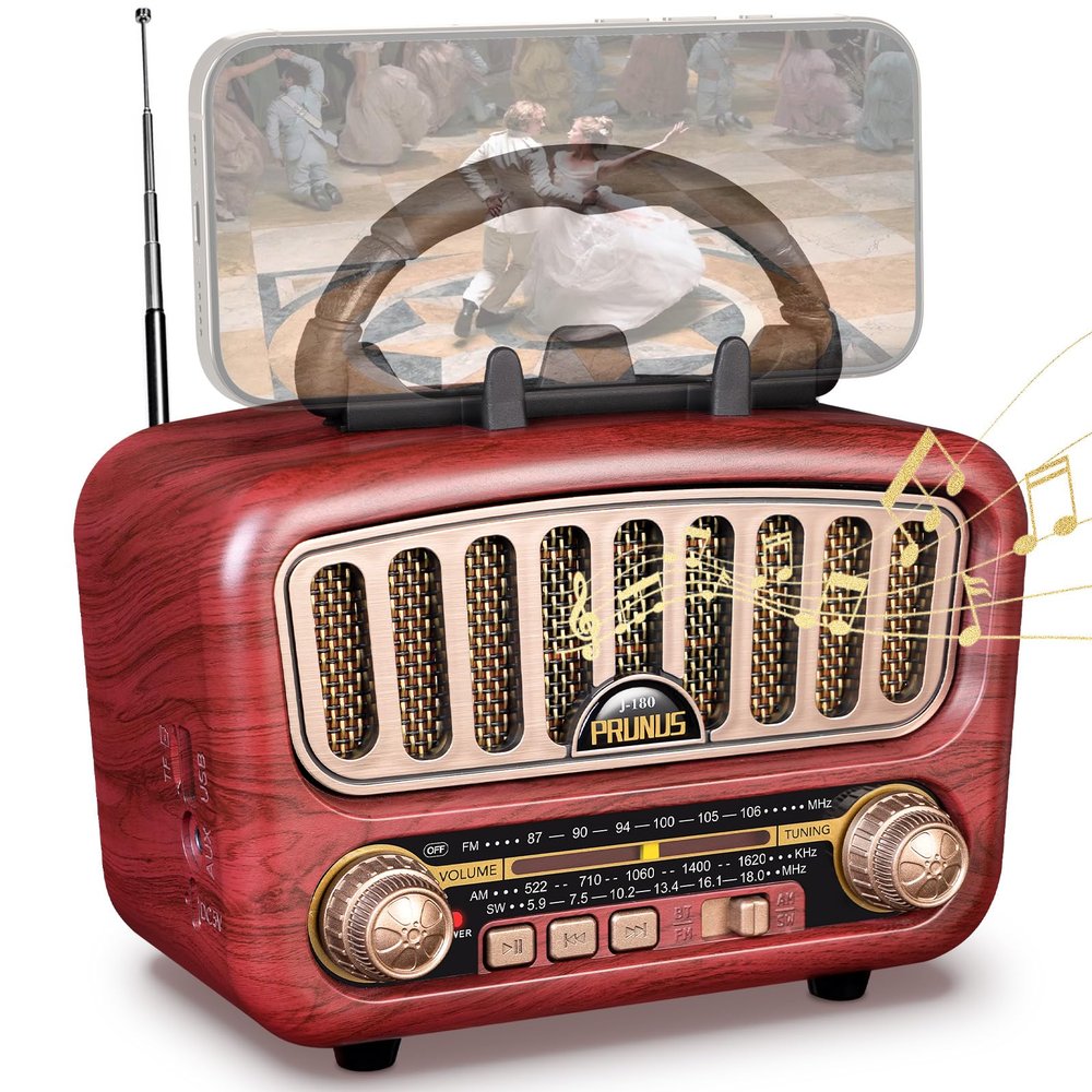 PRUNUS J-180 Vintage Retro Radio Bluetooth Speaker with Stereo Sound, AM FM Radio Portable with Loud Volume, BT5.0, TF Card & MP3 Player, Rechargeable Speaker