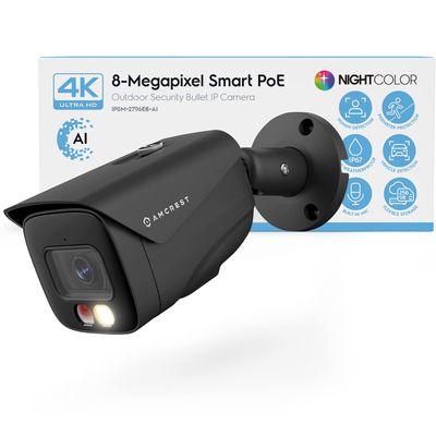 Amcrest UltraHD 4K (8MP) IP PoE AI Camera, FOV 129, 49ft Color Nightvision, Security Outdoor Bullet Camera, Human & Vehicle Detection, Active Deterrent, 4K @15fps, IP8M-2796EB-AI (Black)