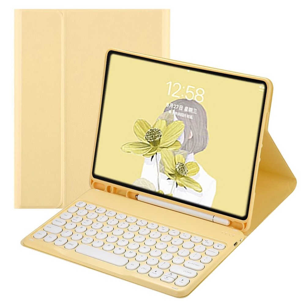 iPad 10th Generation Keyboard case iPad 102022 10.9 inch case with Keyboard Cute Round Key Detachable Bluetooth Keyboard with Pencil HolderYellow