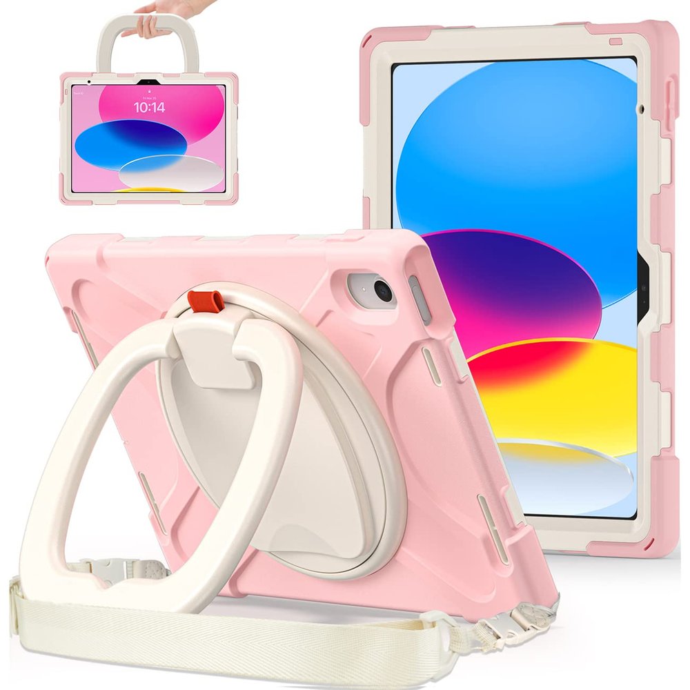 BKOUNCTK for iPad (A16) 11th/10th Generation Case 2025/2022 (11/10.9),Heavy Sturdy Shockproof Kids Case with Screen Protector,Rotating Stand/Pencil Holder/Shoulder Strap (Sakura Pink)