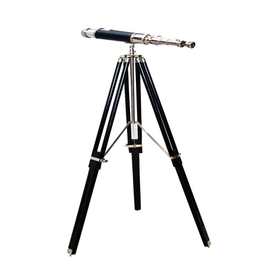 Nautical Brass Chrome/Silver Finish with Wooden Tripod Stand Marine Floor Standing Binocular
